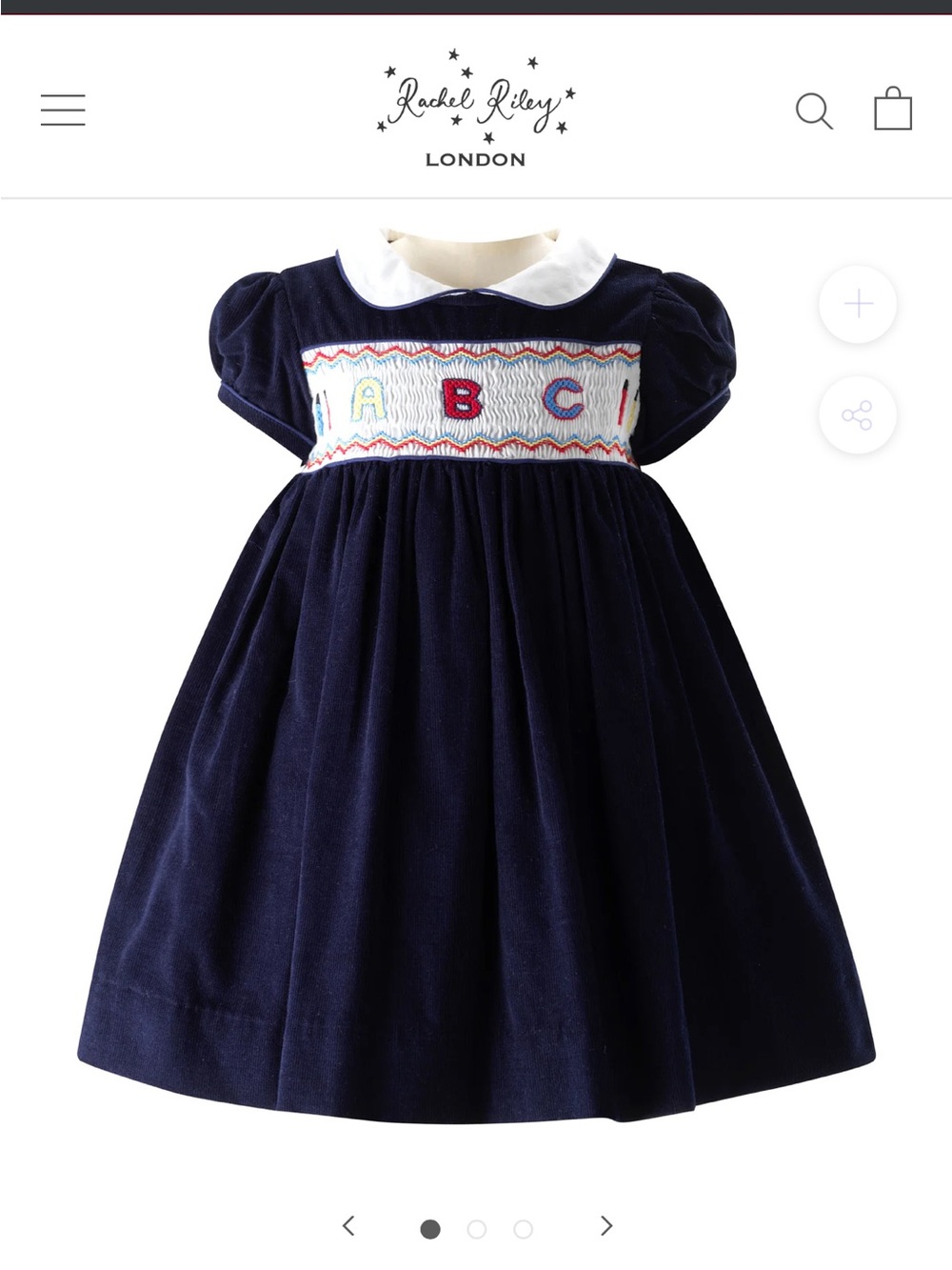 Rachel Riley Navy Velvet Smocked ABC Dress with White Collar